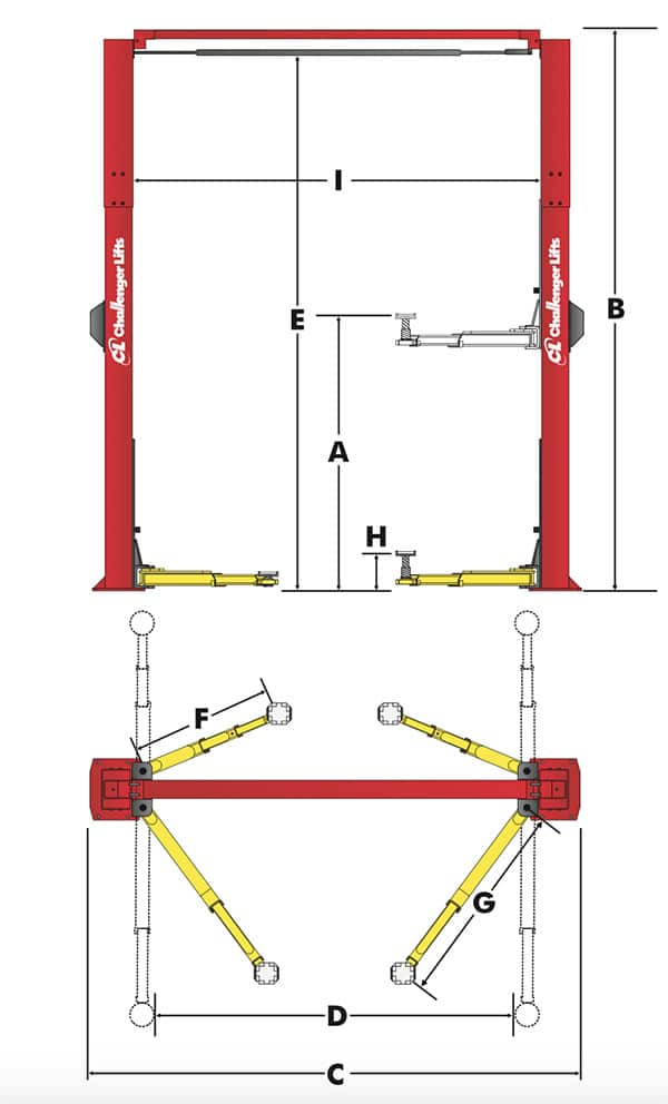 LE10 10K 2 Post Lift Dimensions